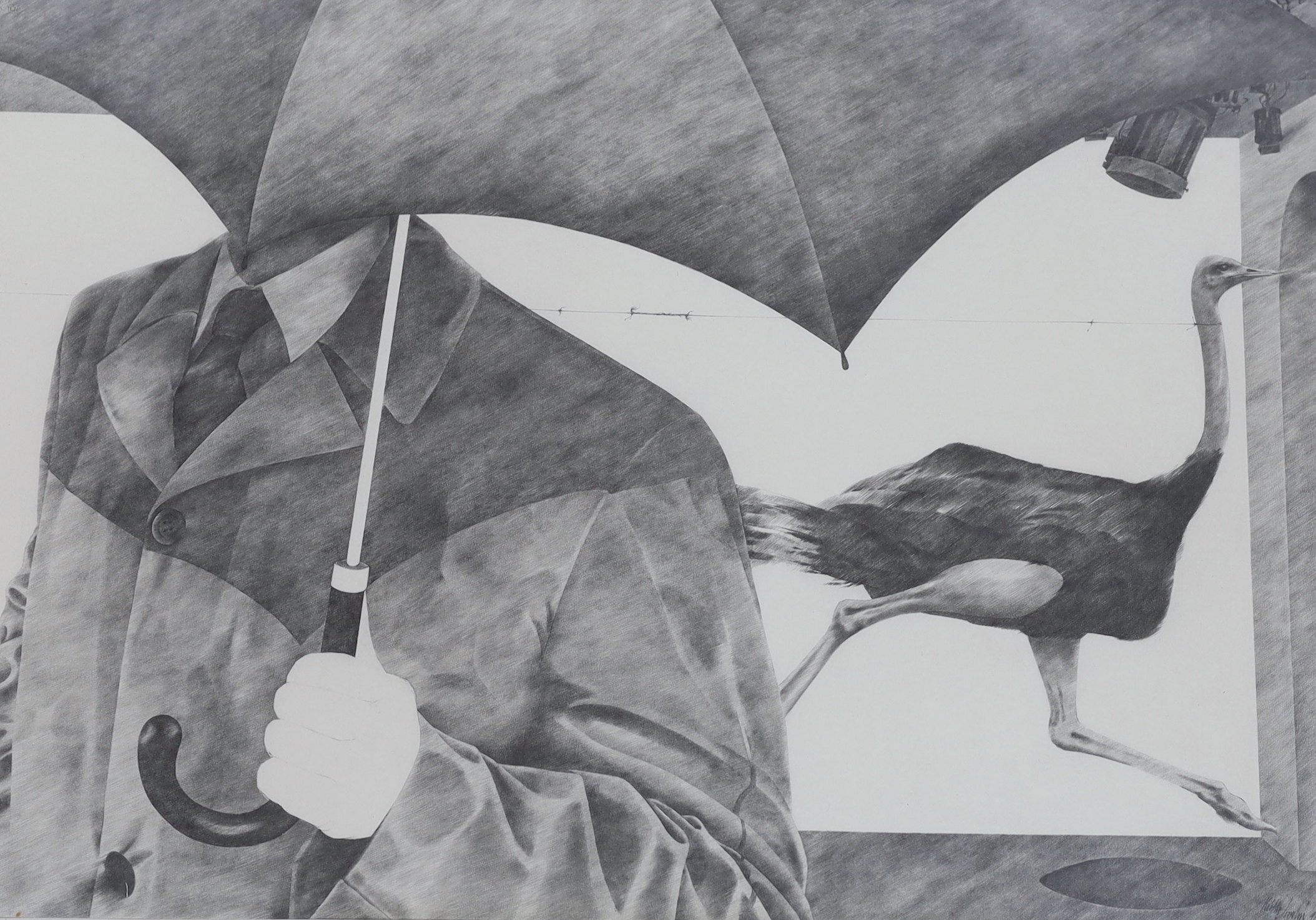 Contemporary pencil, filmset, figure with umbrella and ostrich, indistinctly signed and dated, possibly Keith Tomlin, ‘91, 71cm x 49cm